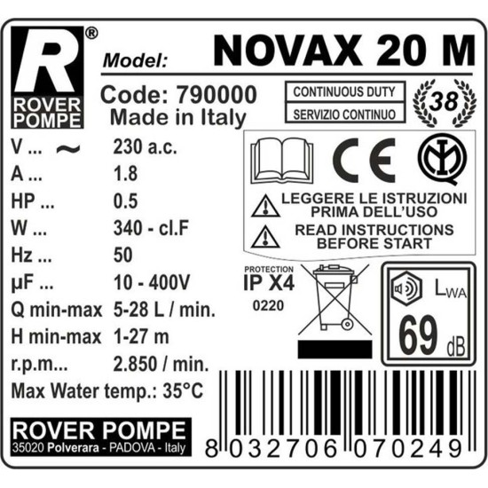 Rover Pompe - NOVAX 20M Ανοξείδωτη Αντλία Μετάγγισης Φ20 - 2850 Στροφών (περιορισμένη ποσότητα)